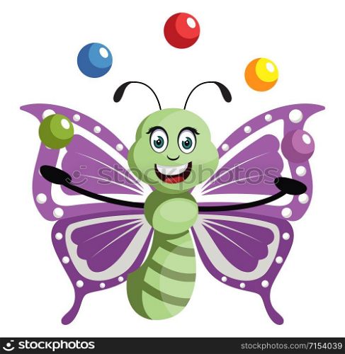 Butterfly juggling, illustration, vector on white background.