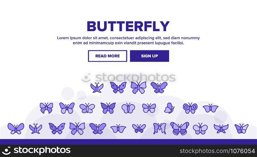 Butterfly Landing Web Page Header Banner Template Vector. Beautiful Decorative And Exotic Butterfly, Monarch And Moth Illustration. Butterfly Landing Header Vector