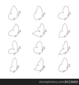 Butterfly line set. Various butterflies linear shapes collection. Side view. Vector illustration isolated on white. 