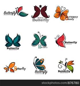 Butterfly logo templates. Vector colorful ornate butterflies with royal crown icons for company design or beauty shop. Butterfly logo templates. Vector colorful ornate butterflies