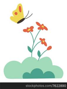 Butterfly on flowers isolated cartoon style bud. Vector yellow insect with red dots on wings and spring or summer time flowers. Green bushes and plants. Butterfly on Flowers Isolated Cartoon Bud Vector