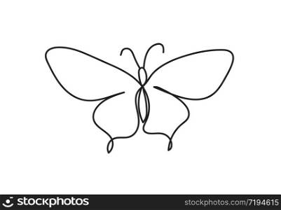 Butterfly one continuous line drawing element isolated on white background for logo or decorative element. one line art
