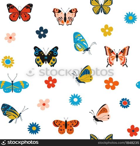 Butterfly pattern. Cartoon seamless texture for print with colorful flying insects and flowers. Vector nature textile pattern illustration gorgeous picture cute butterfly summer love. Butterfly pattern. Cartoon seamless texture for print with colorful flying insects and flowers. Vector nature textile pattern