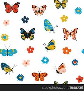 Butterfly pattern. Cartoon seamless texture for print with colorful flying insects and flowers. Vector nature textile pattern illustration gorgeous picture cute butterfly summer love. Butterfly pattern. Cartoon seamless texture for print with colorful flying insects and flowers. Vector nature textile pattern