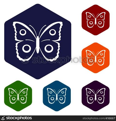 Butterfly peacock eye icons set rhombus in different colors isolated on white background. Butterfly peacock eye icons set
