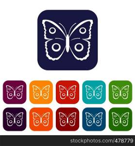 Butterfly peacock eye icons set vector illustration in flat style in colors red, blue, green, and other. Butterfly peacock eye icons set