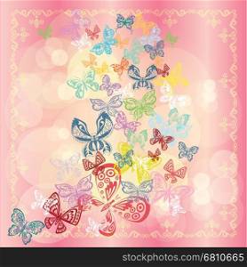 Butterfly set isolated on rose background, vector.