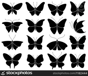 Butterfly silhouettes. Black stencil insect pattern, stylized spring symbol. Wedding decor elements, tattoo wing shapes vector wildlife elegant set. Butterfly silhouettes. Black stencil insect pattern, stylized spring symbol. Wedding decor elements, tattoo wing shapes vector set