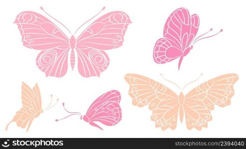 Butterfly silhouettes. Pink peach color butterflies. Isolated flying insects. Decorative print wild characters. Spring, summer seasonal vector set. Illustration of butterfly pink silhouette. Butterfly silhouettes. Pink peach color butterflies. Isolated flying insects. Decorative print wild characters. Spring, summer seasonal vector set