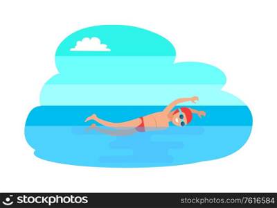 Butterfly sport stroke man isolated vector. Sportsman swimming in sea water, training guy with goggles. Workout and active lifestyle of professional. Butterfly Sport Stroke Man Vector Illustration