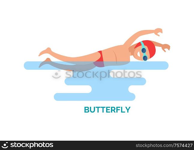 Butterfly stroke swimmer poster vector. Man moving hands symmetrically using dolphin kick method. Stroke swum on chest, male with goggles and cap. Butterfly Stroke Male Poster Vector Illustration