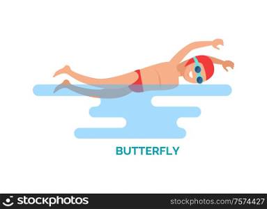 Butterfly stroke swimmer poster vector. Man moving hands symmetrically using dolphin kick method. Stroke swum on chest, male with goggles and cap. Butterfly Stroke Male Poster Vector Illustration