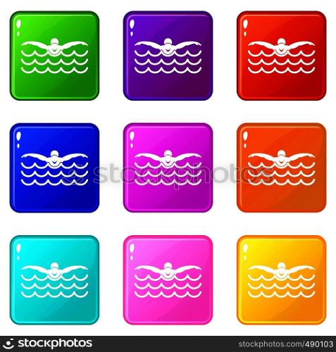 Butterfly swimmer icons of 9 color set isolated vector illustration. Butterfly swimmer set 9