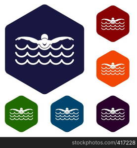 Butterfly swimmer icons set rhombus in different colors isolated on white background. Butterfly swimmer icons set