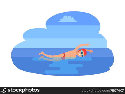 Butterfly swimming man in sea. Swim styles strokes performance, sportsman smiling and training. Person with goggles, sport exercises isolated vector. Butterfly Swimming Man in Sea Vector Illustration