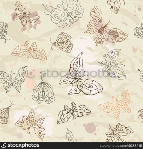 Butterfly. Vintage seamless background. Hand drawn illustration.