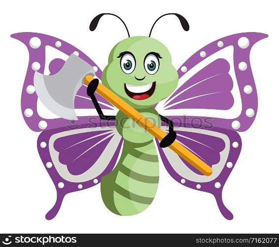Butterfly with axe, illustration, vector on white background.