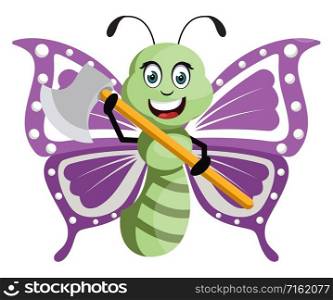Butterfly with axe, illustration, vector on white background.