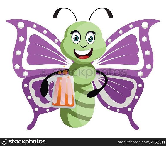 Butterfly with beer, illustration, vector on white background.