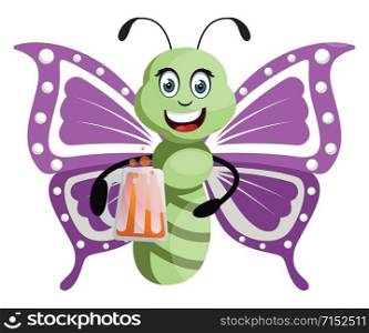 Butterfly with beer, illustration, vector on white background.