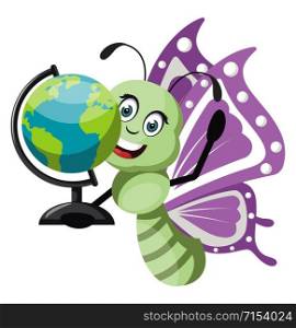 Butterfly with globe, illustration, vector on white background.