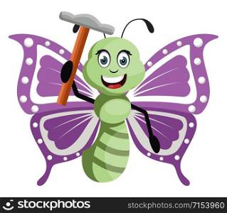 Butterfly with hammer, illustration, vector on white background.