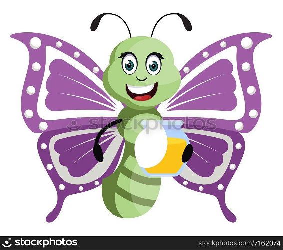 Butterfly with honey, illustration, vector on white background.
