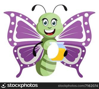 Butterfly with honey, illustration, vector on white background.
