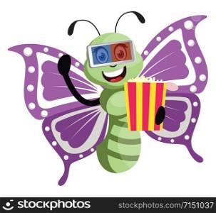 Butterfly with popcorn, illustration, vector on white background.