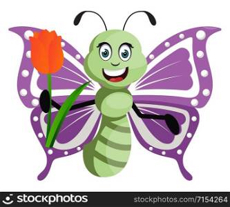 Butterfly with rose, illustration, vector on white background.