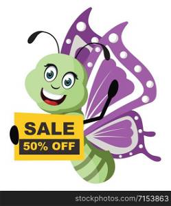 Butterfly with sale sign, illustration, vector on white background.