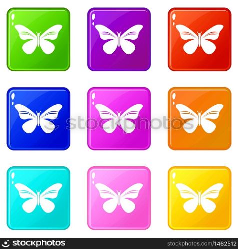 Butterfly with stripes on wings icons set 9 color collection isolated on white for any design. Butterfly with stripes on wings icons set 9 color collection