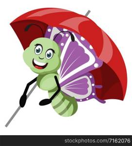 Butterfly with umbrella, illustration, vector on white background.
