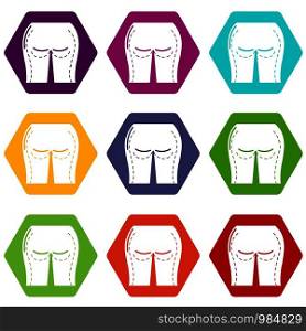 Buttocks liposuction icons 9 set coloful isolated on white for web. Buttocks liposuction icons set 9 vector