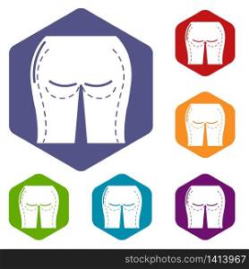 Buttocks liposuction icons vector colorful hexahedron set collection isolated on white. Buttocks liposuction icons vector hexahedron