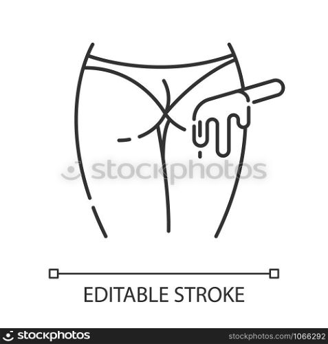 Buttocks waxing linear icon. Female butt hair removal procedure. Depilation with natural soft hot wax. Thin line illustration. Contour symbol. Vector isolated outline drawing. Editable stroke