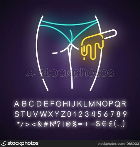 Buttocks waxing neon light icon. Female butt hair removal procedure. Depilation with natural soft hot wax. Glowing sign with alphabet, numbers and symbols. Vector isolated illustration