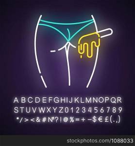 Buttocks waxing neon light icon. Female butt hair removal procedure. Depilation with natural soft hot wax. Glowing sign with alphabet, numbers and symbols. Vector isolated illustration