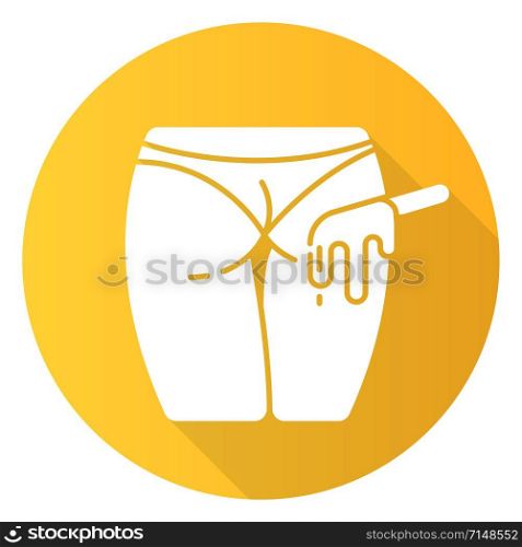 Buttocks waxing yellow flat design long shadow glyph icon. Female hair removal procedure. Depilation with natural wax. Professional beauty treatment. Clean skin. Vector silhouette illustration