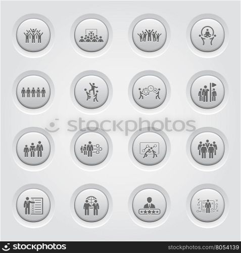 Button Design Business Team Icons Set including Meeting, Training, Teamwork, Team Building, Management, Career, Tactics. Isolated Illustration. App Symbol or UI element.