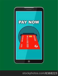 Button pay now on the smartphone screen. Vector illustration