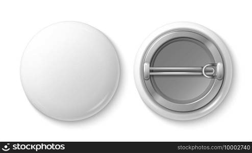 Button pin badge. White blank badge mockup. Realistic vector 3d pin button. Illustration pin button badge, label emblem plastic. Button pin badge. White blank badge mockup. Realistic vector 3d pin button