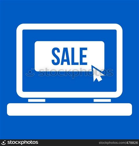 Button sale on laptop icon white isolated on blue background vector illustration. Button sale on laptop icon white
