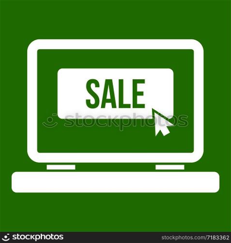Button sale on laptop icon white isolated on green background. Vector illustration. Button sale on laptop icon green