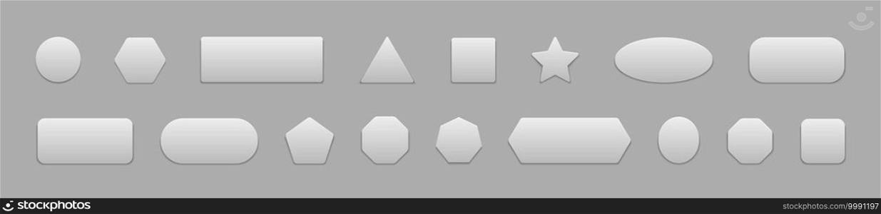 Button square. White 3d badge for web. Round, rectangle sticker for app. Blank shape with shadow for banner and ui. Modern design icon isolated on gray background. Set elements for application. Vector. Button square. White 3d badge for web. Round, rectangle sticker for app. Blank shape with shadow for banner, ui. Modern design icon isolated on gray background. Set elements for application. Vector