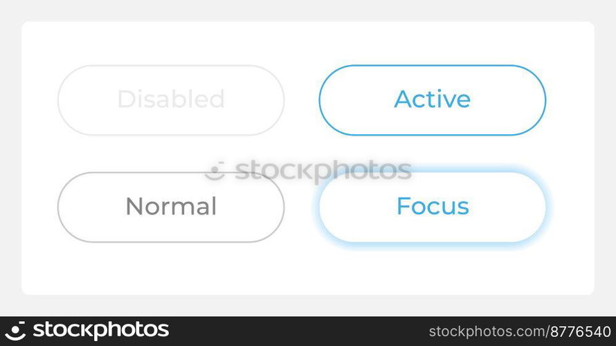 Button states UI elements kit. User action isolated vector components. Flat navigation menus and interface buttons template. Light theme web design widget collection for mobile application. Button states UI elements kit