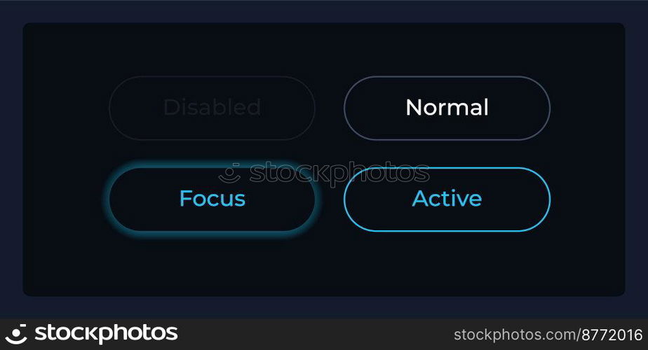 Button states UI elements kit. User interaction isolated vector components. Flat navigation menus and interface buttons template. Dark theme web design widget collection for mobile application. Button states UI elements kit