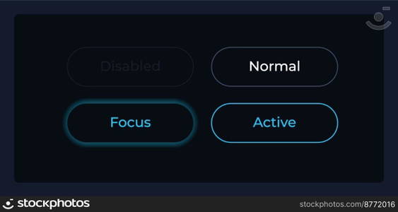 Button states UI elements kit. User interaction isolated vector components. Flat navigation menus and interface buttons template. Dark theme web design widget collection for mobile application. Button states UI elements kit
