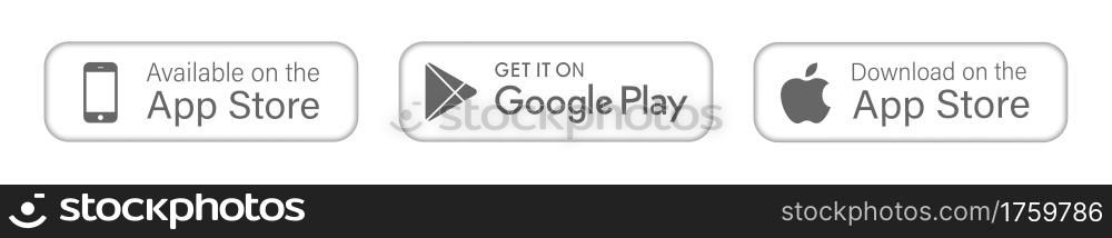 buttons google play apple store download application. isolated vector button for mobile phone ios, windows, microsoft, android app. editorial stock illustration on white background