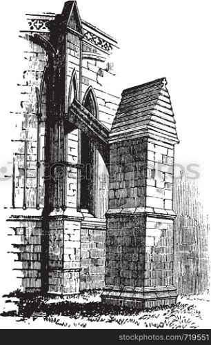 Buttress arch of Lincoln Cathedral chapter, England. Old engraving. Old engraved illustration of a buttres arch of The Cathedral Church of the Blessed Virgin Mary of Lincoln.